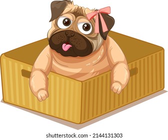 Cute pug dog in a box cartoon illustration
