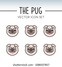 Cute Pug Dog Breed Vector Icon Sticker Set inspired by kawaii Japanese anime style. Adorable pug puppy face showing various emotions. Emoticon, emoji or costume mask template. Fixed line weight.