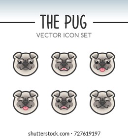 Cute Pug dog breed vector icon sticker set inspired by kawaii Japanese anime style. Adorable pug puppy face showing various emotions. Emoticon, emoji or costume mask template. Expanded lines.