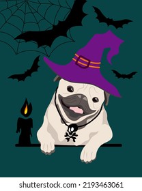 Cute Pug Dog Cartoon in Halloween Costume Witch Hat, Bull with Bones, Candle, Spider Web. Vector Illustration