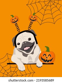 Cute Pug Dog Cartoon with Halloween Pumpkin Hair Band and a Pumpkin. Vector Illustration