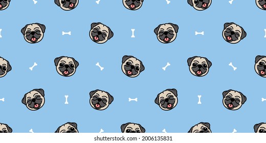 Cute pug dog cartoon seamless pattern, vector illustration	
