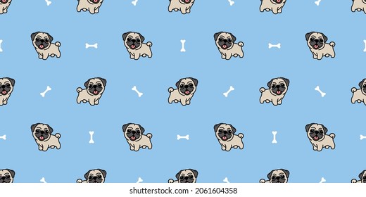 Cute pug dog cartoon seamless pattern, vector illustration