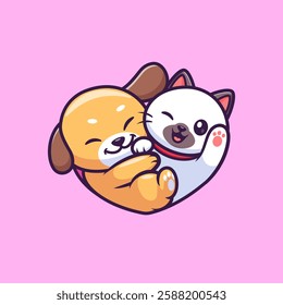 Cute Pug Dog And Cat With Love Shape Cartoon Vector Icon Illustration. Animal Nature Icon Concept Isolated Premium Vector. Flat Cartoon Style