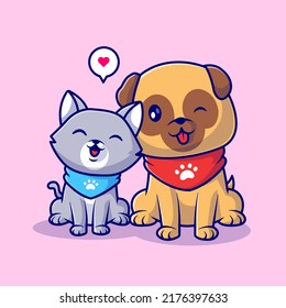 Cute Pug Dog And Cute Cat Siting Together Cartoon Vector Icon Illustration. Animal Nature Icon Concept Isolated Premium Vector. Flat Cartoon Style