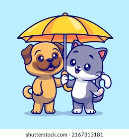 Cute Pug Dog And Cat Standing Under Umbrella Cartoon Vector Icon Illustration. Animal Nature Icon Concept Isolated Premium Vector. Flat Cartoon Style