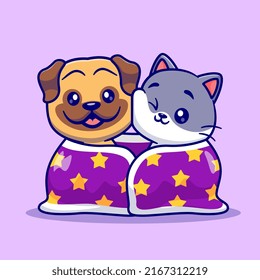 Cute Pug Dog And Cat Wearing Blanket Together Cartoon Vector Icon Illustration. Animal Nature Icon Concept Isolated Premium Vector. Flat Cartoon Style