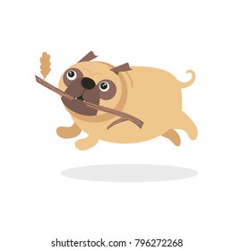 Cute pug dog character running with stick, pet dog cartoon vector Illustration