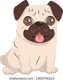 Cute pug dog character vector Illustration showing tongue. Isolated domestic pet sitting
