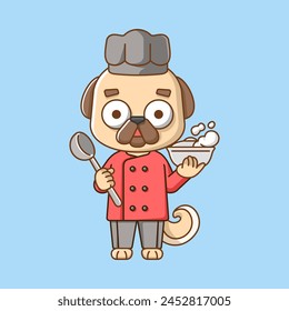 Cute pug dog chef cook serve food animal chibi character mascot icon flat line art style illustration concept cartoon set
