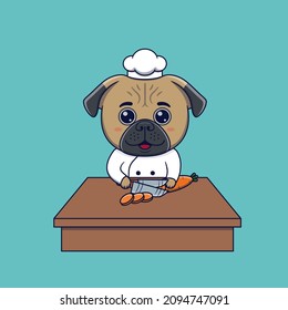 Cute pug dog chef cutting carrot