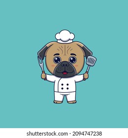 Cute pug dog chef holding spatula and barbecue fork