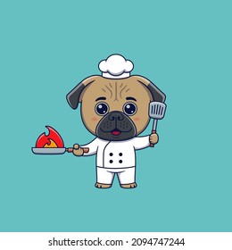 Cute pug dog chef holding spatula and Burning Frying Pan