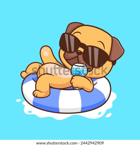 Cute Pug Dog Chill On Swimming Tires With Juice Cartoon Vector Icon Illustration. Animal Holiday Icon Concept Isolated Premium Vector. Flat Cartoon Style