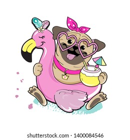 Cute pug dog with a circle of flamingos on a white background