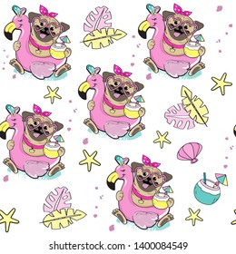 Cute pug dog with a circle of flamingos on a white background seamless pattern