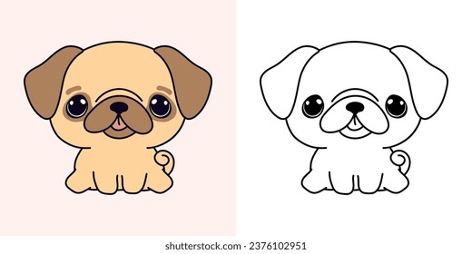 Cute Pug Dog Clipart Illustration and Black and White. Kawaii Clip Art Puppy. Cute Vector Illustration of a Kawaii Pet for Stickers, Prints for Clothes, Baby Shower. 