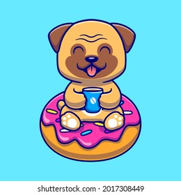 Cute Pug Dog With Coffee And Doughnut Cartoon Vector Icon Illustration. Animal Food Icon Concept Isolated Premium Vector. Flat Cartoon Style