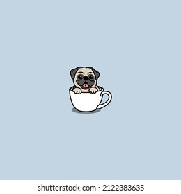 Cute pug dog in a cup cartoon, teacup dog, vector illustration