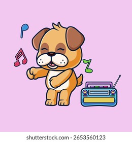 Pug Cachorro bonito dançando Com Boombox Desenho animado de ilustração