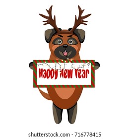 A cute pug dog with deer horns and a plaque in his paws with a garland. Christmas and New Year 2018. Festive vector illustration with animal symbol of year in Chinese calendar, isolated.