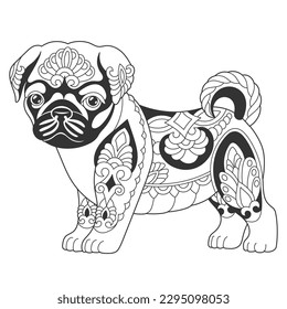 Cute pug dog design. Animal coloring page with mandala and zentangle ornaments