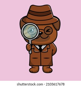 Cute Pug Dog Detective With Magnifying Glass Cartoon Vector Icon Illustration. Animal Icon Concept Isolated Premium Vector. Flat Cartoon Style