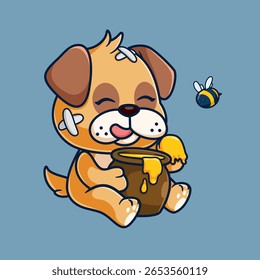 Cão pug bonito Comer mel desenho animado de ilustração