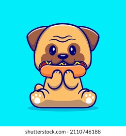 Cute Pug Dog Eating Hot Dog Cartoon Vector Icon Illustration. Animal Food Icon Concept Isolated Premium Vector. Flat Cartoon Style