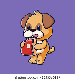 Pug Cão bonito comendo carne bife Desenho animado de ilustração