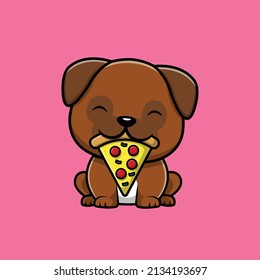 Cute Pug Dog Eating Pizza Cartoon Vector Icon Illustration. Animal Food Icon Concept Isolated Premium Vector. Flat Cartoon Style