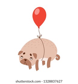 Cute Pug Dog Flying with Red Balloon, Funny Friendly Animal Pet Character Vector Illustration