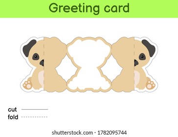 Cute Pug Dog With Fold Lines. Greeting Card Template. Great For Birthdays, Baby Showers, Themed Parties. Printable Color Cut-out Scheme. Print Design That Can Be Folded And Glued. Colorful Vector Stock Illustration. 