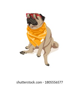 Cute pug dog in glasses and neckerchief. Adorable friendly purebred chubby pet animal with elegant accessories cartoon vector illustration isolated on white background