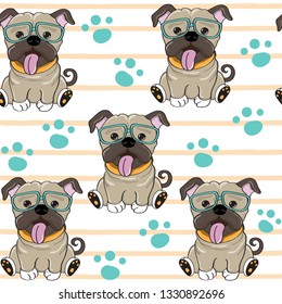 Cute pug dog in glasses seamless pattern on a white background