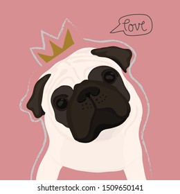 Cute Pug Dog with a gold princess crown. Vector illustration. 