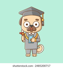 Cute pug dog graduation animal kawaii chibi character mascot illustration outline style design set