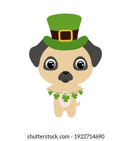 Cute pug dog in green leprechaun hat. Cartoon sweet animal with clovers. Vector St. Patrick's Day illustration on white background. Irish holiday folklore theme.