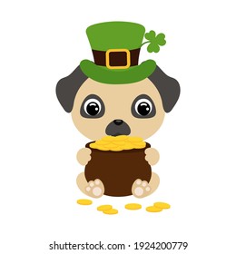 Cute pug dog in green leprechaun hat with clover holds bowler with gold coins. Cartoon sweet animal. Vector St. Patrick's Day illustration on white background. Irish holiday folklore theme.