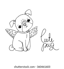 Cute Pug. Dog. Hand drawing isolated objects on white background. Vector illustration. Coloring book. 