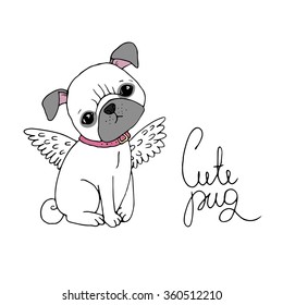 Cute Pug. Dog. Hand drawing isolated objects on white background. Vector illustration.