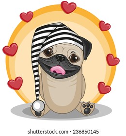 Cute Pug Dog in hat with hearts 