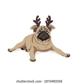 Cute pug dog in headband with deer horns. Adorable friendly purebred chubby pet animal wearing head accessory for party, holiday or carnival cartoon vector illustration isolated on white background