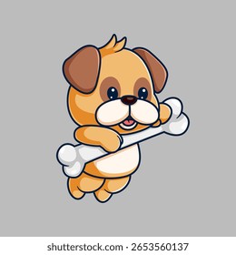 Pug Cão bonito segurando osso Desenho animado de ilustração