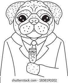 Cute pug dog holding champagne glass design for coloring, sublimation, cricut and so on. Vector illustration