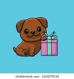 Cute Pug Dog Holding Gift Box Cartoon Vector Icon Illustration. Science Holiday Icon Concept Isolated Premium Vector. Flat Cartoon Style