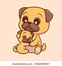 Cute Pug Dog Hug Baby Pug Dog Cartoon Vector Icon Illustration. Animal Nature Icon Concept Isolated Premium Vector. Flat Cartoon Style