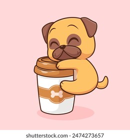 Cute Pug Dog Hug Coffee Cup Cartoon Vector Icon Illustration. Animal Drink Icon Concept Isolated Premium Vector. Flat Cartoon Style