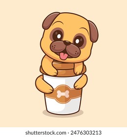 Cute Pug Dog Hug Coffee Cup Cartoon Vector Icon Illustration. Animal Drink Icon Concept Isolated Premium Vector. Flat Cartoon Style