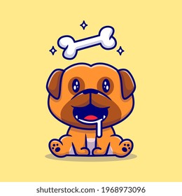 Cute Pug Dog Hungry With Bone Cartoon Vector Icon Illustration. Animal Nature Icon Concept Isolated Premium Vector. Flat Cartoon Style